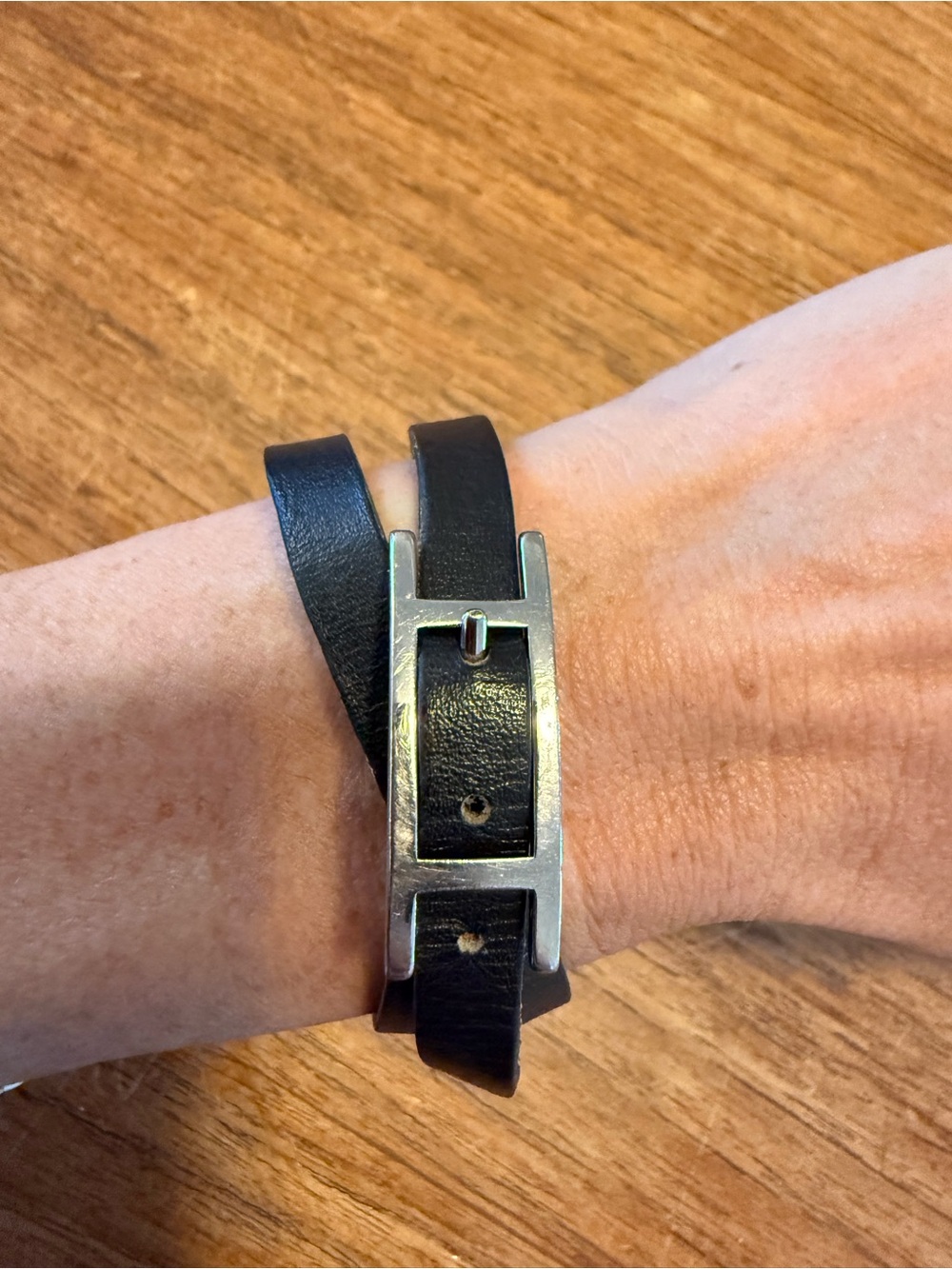 Hermes Black Leather Double Wrap Bracelet with Silver H Buckle